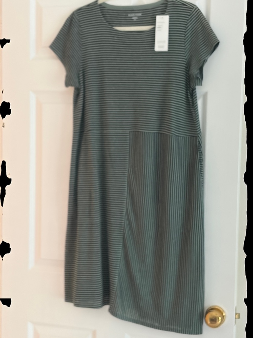 Eileen Fisher Olive and Black Striped Short-Sleeve Dress